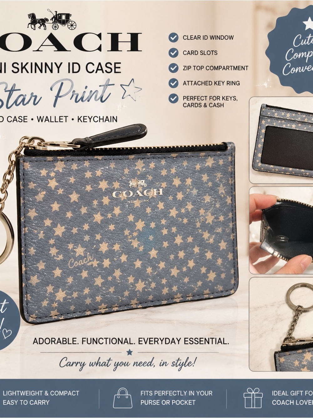 Coach Mini Skinny ID Case Blue Star Print Keychain Card Wallet